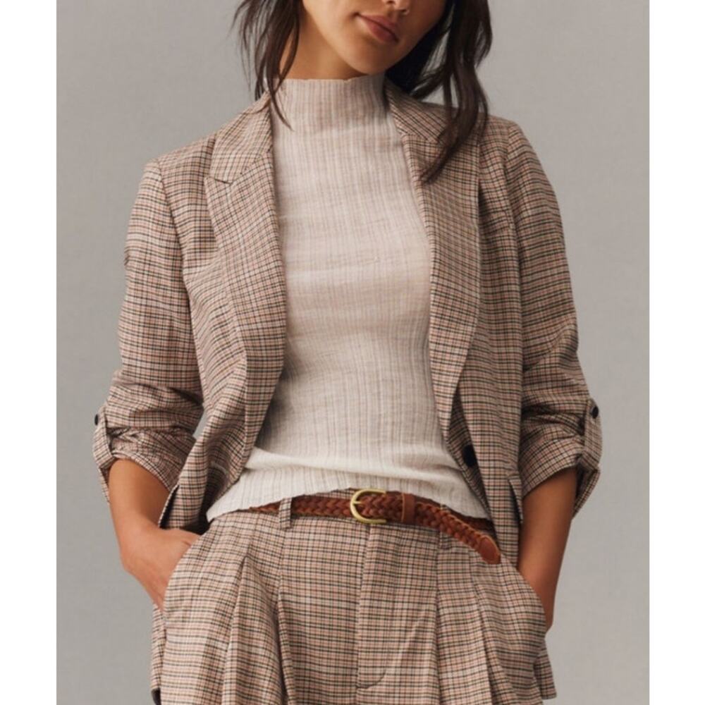Maeve Anthropologie Plaid Roll Sleeve Blazer Womens 12P Pink Check Jacket